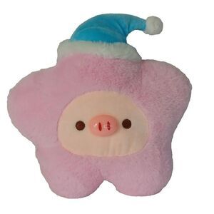 Unbranded Pink Star Pig Plush Blue Stocking Cap Soft Pastel Stuffed Toy